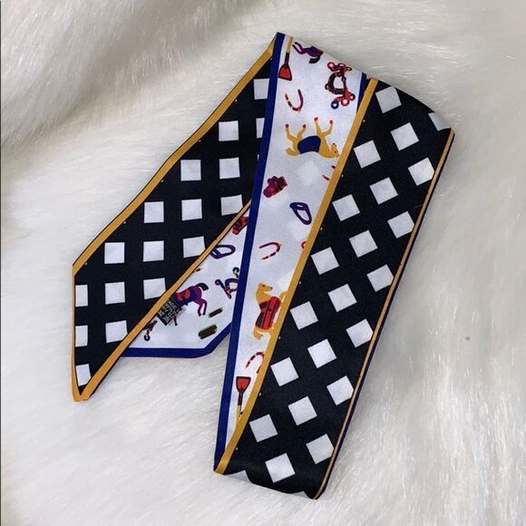 Silk Scarf Checkered Horse Twilly Bandeau Bag Tie - Picture 7 of 7